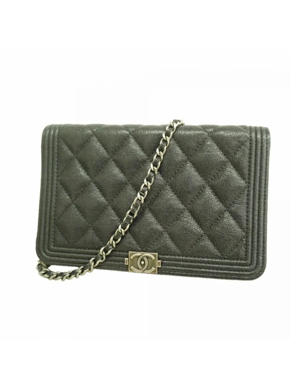 Chanel Shoulder Wallet Boy Caviar Leather Black Silver